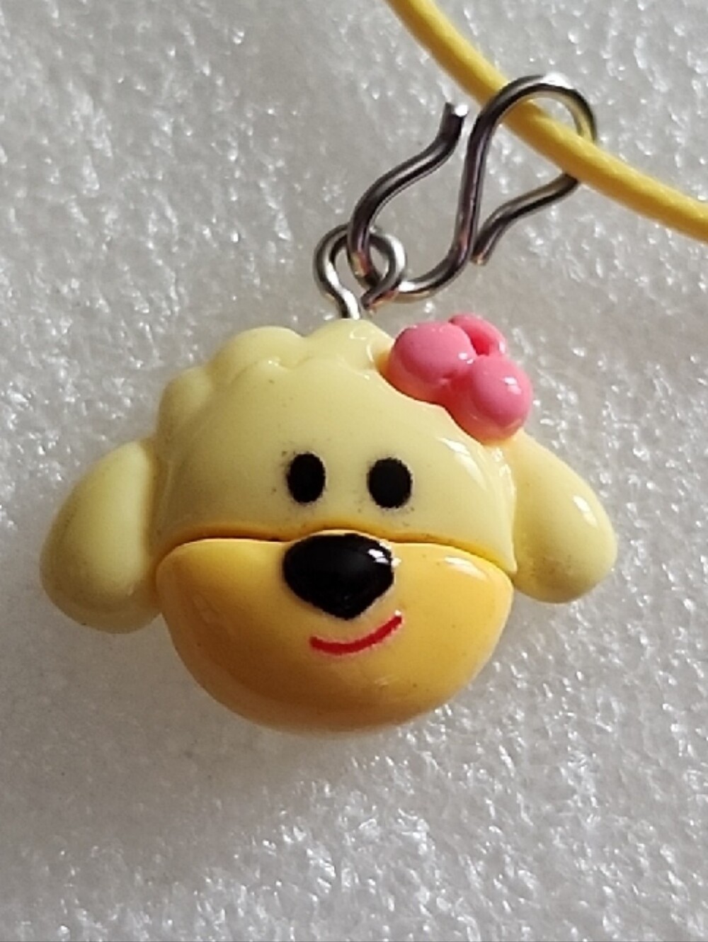 Hand Crafted Yellow Cream Puppy Charm Necklace with Pink Bow